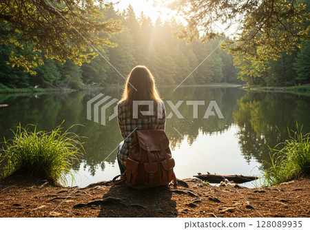 girl in a hat and a backpack near the lake 128089935