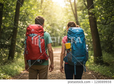 couple hikers walking in forest 128089938