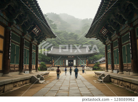 old wooden bridge in the Korea temple 128089962