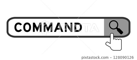 Search banner in word command with hand over magnifier icon on white background Search banner in word command with hand over magnifier icon on white background 128090126