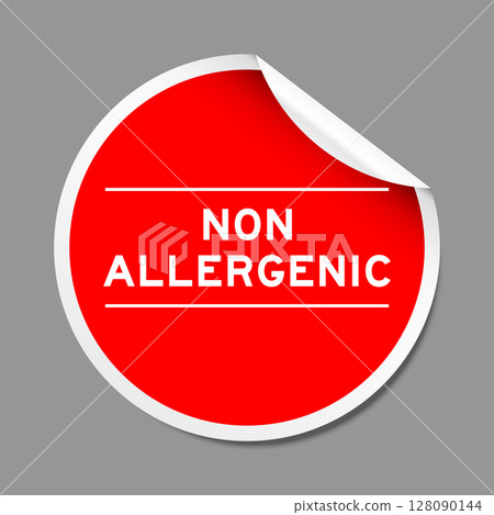 Red color peel sticker label with word non allergenic on gray background Red color peel sticker label with word non allergenic on gray background 128090144