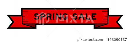 Ribbon label banner with word spring sale in red color on white background 128090187