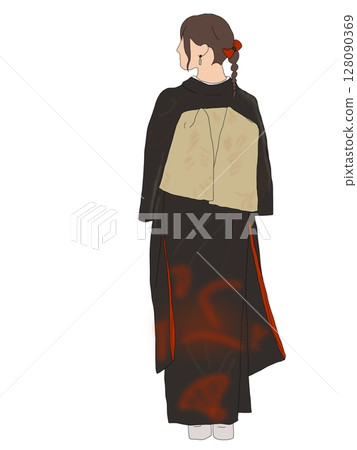 Back view of an adult woman wearing a black furisode 128090369