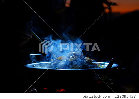 beautiful smoke of Thai BBQ buffet or Thai-style Barbecue in dark night beautiful smoke of Thai BBQ buffet or Thai-style Barbecue in dark night 128090438