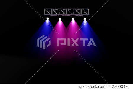 Four bright stage spotlights with blue and magenta beams shining down from a metal truss structure against a dark black background. Ideal for music events, concerts, and performance themes. Four bright stage spotlights with blue and magenta beams shining down from a metal truss structure against a dark black background. Ideal for music events, concerts, and performance themes. 128090483