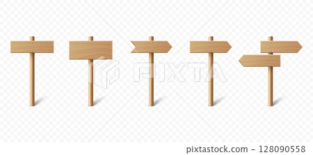 Vector Realistic Wooden Blank Sign Post Set. Realistic Road Signboard. Plywood Pointer, Timber, Directional Sign Design Template, Front View. Vector Illustration in 3D Style Vector Realistic Wooden Blank Sign Post Set. Realistic Road Signboard. Plywood Pointer, Timber, Directional Sign Design Template, Front View. Vector Illustration in 3D Style 128090558