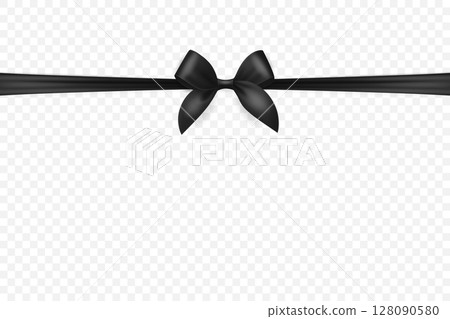 Vector 3d Black Ribbon Bow Isolated. Realistic Satin Bow and Ribbon. Black Ribbon Bow for Gift, Present, Decoration, Holiday, Celebration, Packaging, Greeting Card, Invitation, Party, Design, Poster 128090580
