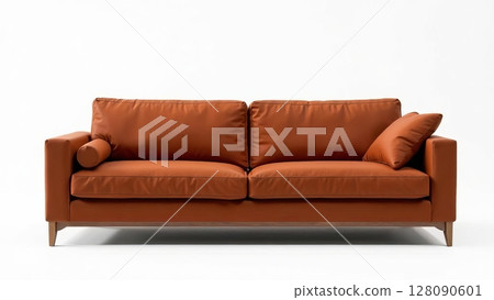 Comfortable brown sofa with soft cushions and a decorative pillow sits in a simple, uncluttered environment, enhancing contemporary decor Comfortable brown sofa with soft cushions and a decorative pillow sits in a simple, uncluttered environment, enhancing contemporary decor 128090601