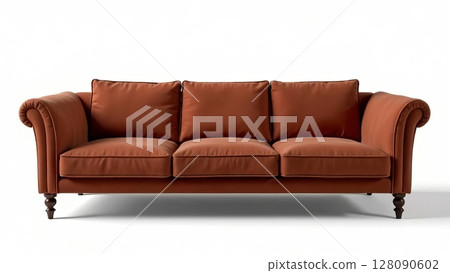 Stylish brown sofa features three soft cushions, adding comfort to a modern living space with clean lines and neutral tones 128090602
