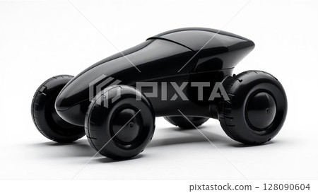A compact black toy car features an aerodynamic design with rounded wheels, embodying a blend of style and functionality, perfect for display 128090604