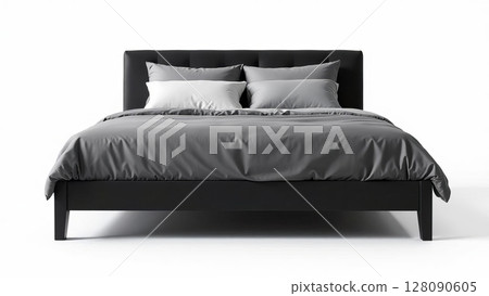Minimalist black bed frame showcasing gray bedding in a contemporary setting, emphasizing simplicity and elegance in bedroom decor 128090605