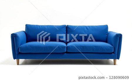 A contemporary blue sofa featuring a plush appearance and wooden legs, perfect for adding a pop of color to living spaces and enhancing comfort 128090609