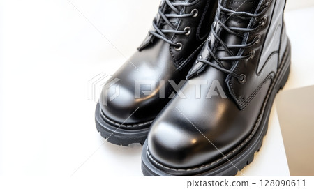 Black boots are presented from a top-down perspective, highlighting their glossy finish and intricate lacing against a neutral backdrop 128090611