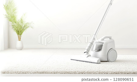 A sleek vacuum cleaner positioned on a fluffy white rug in a sunlit room, complemented by a decorative indoor plant for a fresh ambiance 128090651