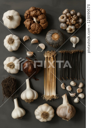 Multiple types of garlic cloves and bulbs are artfully arranged on a dark table, showcasing their unique shapes and colors for food preparation 128090678