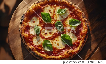 Delicious, freshly baked pizza covered with mozzarella slices and fresh basil, served on a rustic wooden board in bright natural lighting 128090679