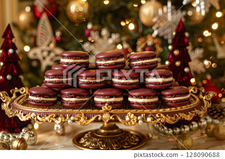 Colorful macarons in burgundy and purple arranged on an elegant platter, surrounded by holiday decorations and sparkling lights 128090688