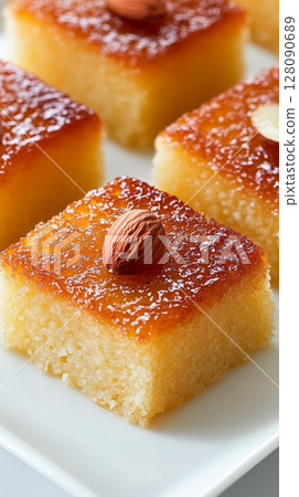 Sweet basbousa squares gleam with syrup and are garnished with nuts, showcasing a beloved Middle Eastern dessert on a white plate 128090689