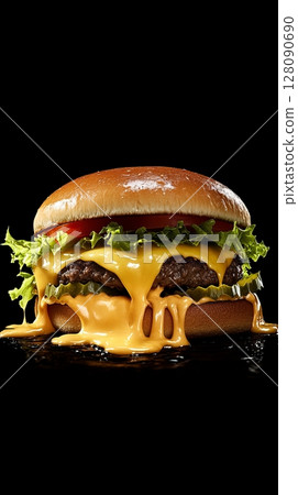 Cheeseburger features a juicy beef patty, melted cheese, crisp lettuce, and ripe tomatoes stacked high, highlighting its mouthwatering appeal 128090690