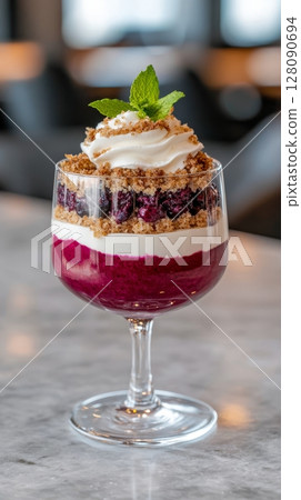 Layered dessert showcases vibrant colors with creamy layers, topped with whipped cream and mint, perfect for any sweet tooth 128090694