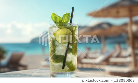 A close-up of a mojito cocktail sits on a table, capturing the essence of relaxation at a beach resort on a sunny day 128090802