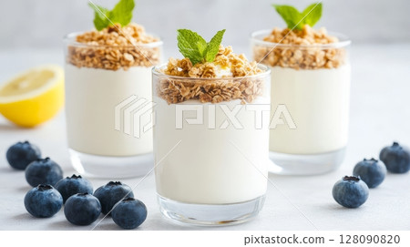 Delicious lemon ricotta parfaits beautifully layered with granola and garnished with mint leaves alongside fresh blueberries and lemon slices Delicious lemon ricotta parfaits beautifully layered with granola and garnished with mint leaves alongside fresh blueberries and lemon slices 128090820