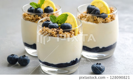 Delicious lemon ricotta parfaits are beautifully layered in glasses with fresh blueberries and crunchy granola, perfect for a refreshing dessert Delicious lemon ricotta parfaits are beautifully layered in glasses with fresh blueberries and crunchy granola, perfect for a refreshing dessert 128090821