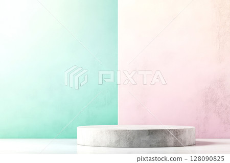 Empty modern abstract setting showcases a circular platform against pastel-colored walls, ideal for product display or photo shoots Empty modern abstract setting showcases a circular platform against pastel-colored walls, ideal for product display or photo shoots 128090825