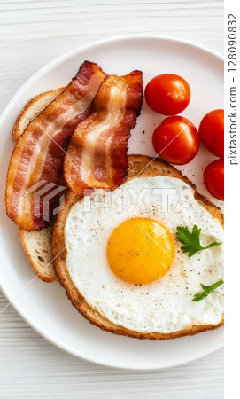 Enjoy a hearty English breakfast with sunny side up eggs, crispy strips of bacon, and ripe cherry tomatoes, all beautifully arranged on a white plate 128090832