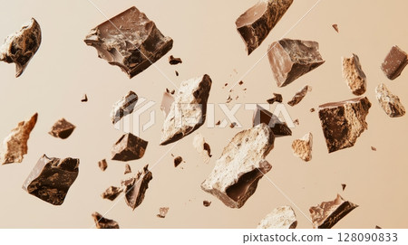 Milk chocolate pieces soar in a playful manner, capturing the essence of confectionery delight and sweetness, perfect for any chocolate lover 128090833