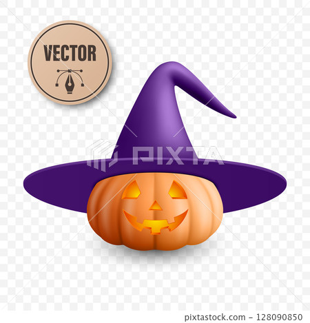 Vector Halloween Pumpkin with Witch Hat. Glowing Jack-o-Lantern with Spooky Smile and Witch Hat for Halloween Party Decor. Halloween Digital Clipart 128090850