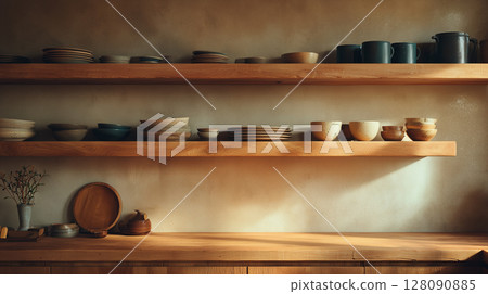 溫暖的木質廚房,自然光線充足 溫暖的木質廚房,自然光線充足 128090885