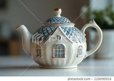 Food presentation. Ceramic teapot in shape of an English house on a white background. Classic style. Food presentation. Ceramic teapot in shape of an English house on a white background. Classic style. 128090918