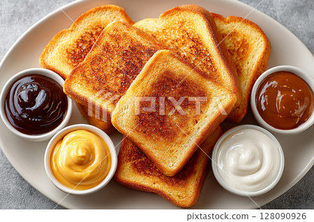 Meal prep breakfast. American buffet breakfast. Hotel Breakfast Styles. Top view of a tray of pieces of toasted bread on a plate and assorted spreads in small bowls on a white background. Meal prep breakfast. American buffet breakfast. Hotel Breakfast Styles. Top view of a tray of pieces of toasted bread on a plate and assorted spreads in small bowls on a white background. 128090926