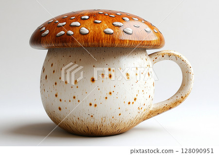 Ceramic cup with lid in shape of a orange mushroom in a rustic style on a white background. Ceramic cup with lid in shape of a orange mushroom in a rustic style on a white background. 128090951