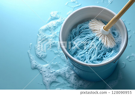 Top view. Cleaning tools. Home cleaning. Bucket with mop and water on a white background. Janitors, offices and professional cleaning services. 128090955