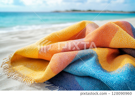 Beach towel with bold geometric patterns in summer beach. Retro style. Close-up. Beach towel with bold geometric patterns in summer beach. Retro style. Close-up. 128090960