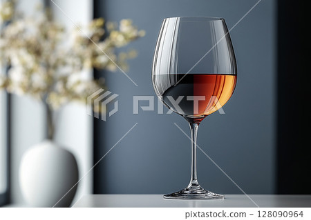 Stylish drinking. Elegant Wine Glass filled with red wine. Mockup for wine industry branding. 128090964