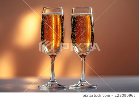 Gourmet experience in romantic evening. Two elegant Wine Glass filled with Champagne wine. 128090965