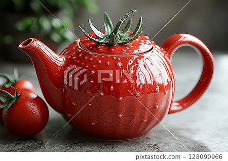 Ceramic teapot in shape of a red tomato in a rustic style on a white background. 128090966