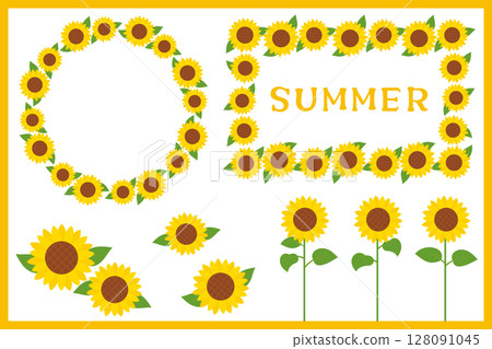 一組向日葵插圖和框架 128091045