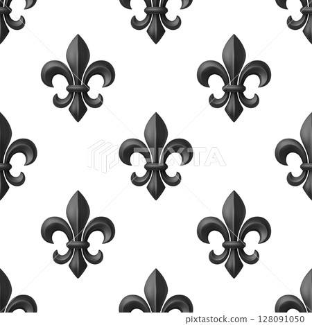 Vector Luxury Seamless Pattern with 3d Black Fleur-de-Lis on White Background. Metal Royal Heraldic Symbol. Fleur-de-Lis Wallpaper, Fabric, Digital Paper. Vintage French Ornament Vector Luxury Seamless Pattern with 3d Black Fleur-de-Lis on White Background. Metal Royal Heraldic Symbol. Fleur-de-Lis Wallpaper, Fabric, Digital Paper. Vintage French Ornament 128091050