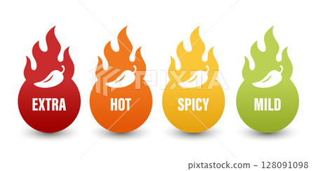Vector Spicy Level Emblems, Icons with Chili Pepper in Flame Shapes. Extra Hot, Hot, Spicy and Mild Labels for Food Packaging, Menu Tags, Sauce Labels or Restaurant Spiciness Indicator, Vector Set Vector Spicy Level Emblems, Icons with Chili Pepper in Flame Shapes. Extra Hot, Hot, Spicy and Mild Labels for Food Packaging, Menu Tags, Sauce Labels or Restaurant Spiciness Indicator, Vector Set 128091098