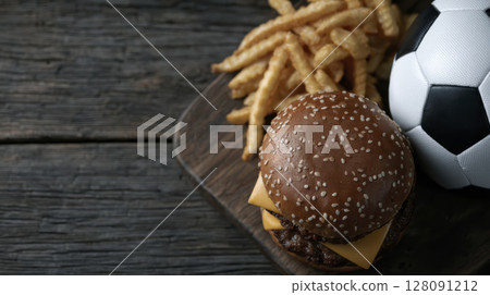 Soccer fan lifestyle with delicious cheeseburger and crispy fries beside classic black and white 128091212