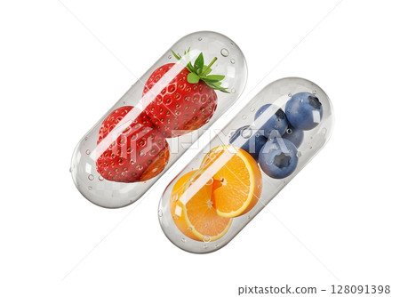 Fruit-filled capsules illustrating nutritional vitamins on transparent background, healthy supplements, natural wellness, dietary concept, colorful pill design 128091398