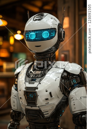 Robot portrait showcasing intricate design elements and captivating features, illuminated with bright blue lights. Standing confidently in a modern cafe setting, exuding futuristic charm 128091505