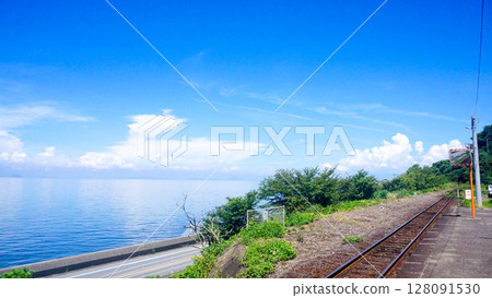 Spectacular ocean views around Shimonada Station in Iyo City, Ehime Prefecture 128091530