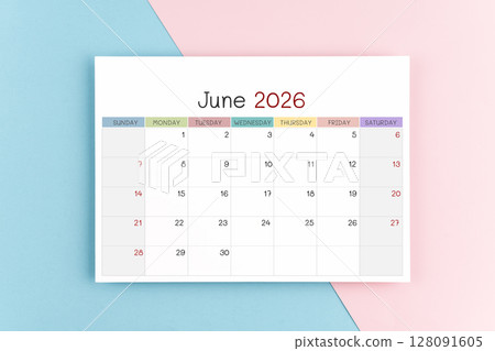 June 2026 calendar page on blue and pink color background. June 2026 calendar page on blue and pink color background. 128091605