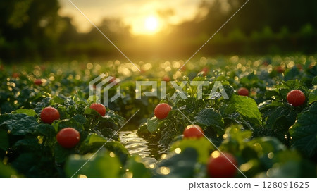 Vibrant agricultural field thriving under sunlight with watering system applied dispersing water on lush green crops at sunset creating scenic beauty 128091625