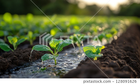 Watering process in agricultural field with young plants receiving vital moisture under sunlight during early growth stage, crucial for development and healthy yield Watering process in agricultural field with young plants receiving vital moisture under sunlight during early growth stage, crucial for development and healthy yield 128091626